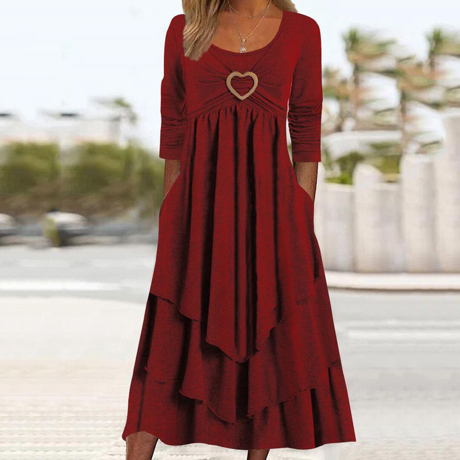 thumbnail image 2 of Vestido holgado de manga larga con fruncidos para mujer - Cuello redondo, fluido, poliéster, informal/para todas las ocasiones - S-XXL, 2 of 5
